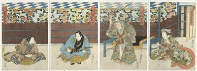 Vier toneelspelers bij een herfstbloemen tentoonstelling door Sadamasu (II) , Utagawa
