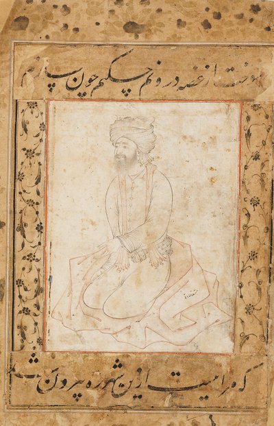 Dervish knielend op zijn jas door Sadiqi Beg
