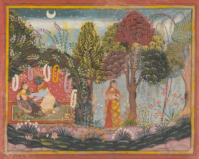 Krishna en Radha in een prieel: Pagina uit een verspreide Gita Govinda door Sahibdin