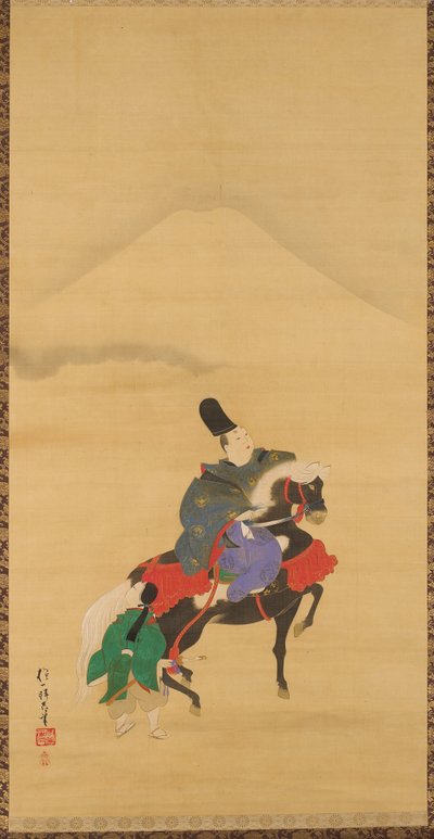 Narihira reitet unterhalb des Fuji door Sakai Hoitsu