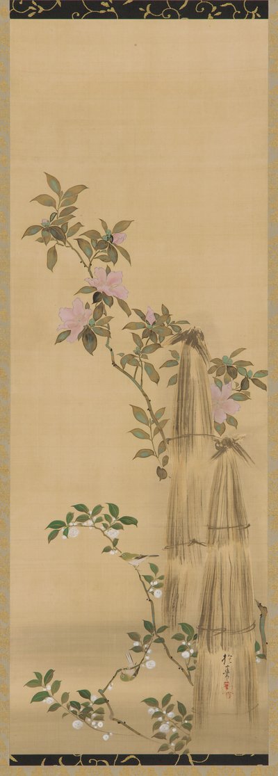 Roze en witte bloemen en strooien bedekkingen, Edo-periode, 1761-1828 door Sakai Hoitsu