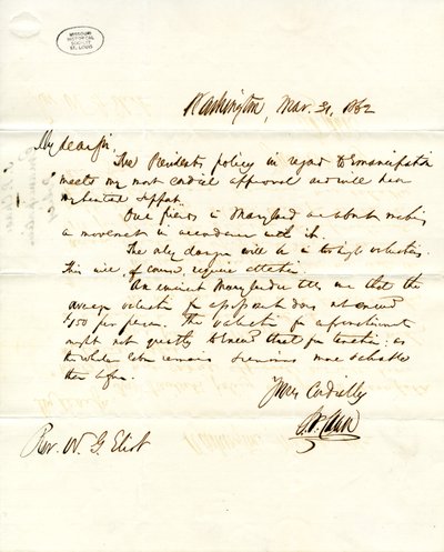Brief ondertekend S.P. Chase, Washington, aan W.G. Eliot, 31 maart 1862 door Salmon P. Chase