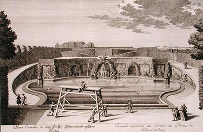 Grote fontein in de tuin van de Prins van Schwarzenberg, Wenen, gegraveerd door Georg-Daniel Heumann (1691-1759), gepubliceerd c.1724-37 door Salomon (after) Kleiner