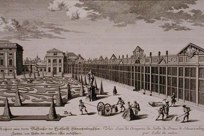 Zicht op een van de Orangerieën in de tuin van de Prins van Schwarzenberg, Wenen, gegraveerd door Georg-Daniel Heumann, gepubliceerd ca. 1724-37 door Salomon (after) Kleiner