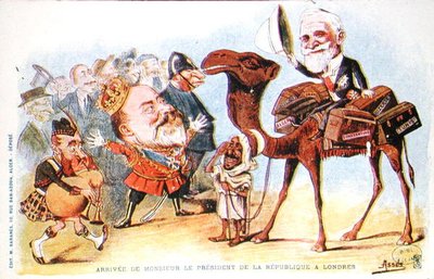 Karikatuur van de aankomst van de president van de Franse Republiek, Emile Loubet, in Londen in 1903 door Salomon Assus