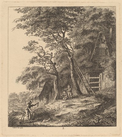 Een visser en twee kinderen in een landschap met rieten huisjes door Salomon Gessner
