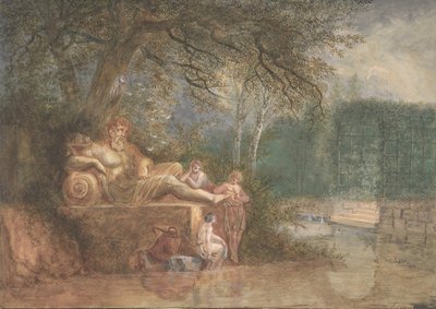 Een Park met Figuren bij een Standbeeld bij Water door Salomon Gessner