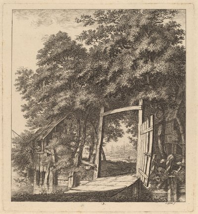 Een rustieke poort naast een meer door Salomon Gessner