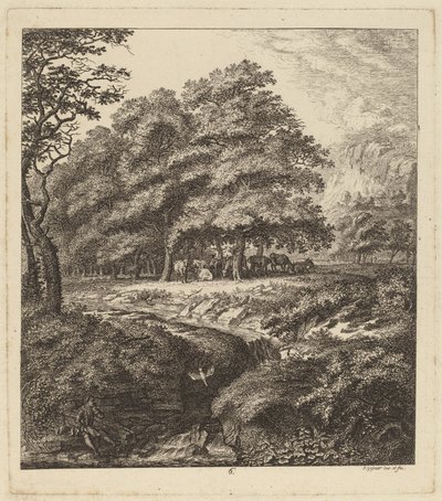 Runderen rustend in een bosje met een man zittend naast een beek, 1764 door Salomon Gessner