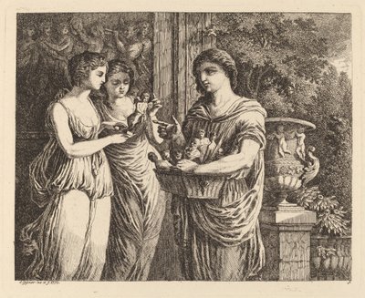 Beeldjesverkoper met twee meisjes door Salomon Gessner