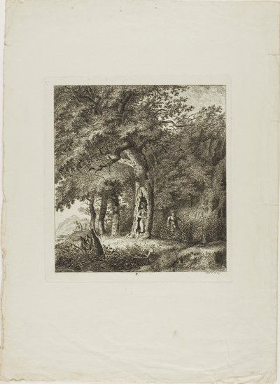 Nimf verscholen in een boom, plaat acht uit Paysages Dédiés à M. Warelet door Salomon Gessner