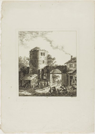 Processie door een rustieke poort door Salomon Gessner