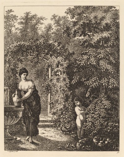Putto Bezoekt een Meisje bij een Fontein door Salomon Gessner