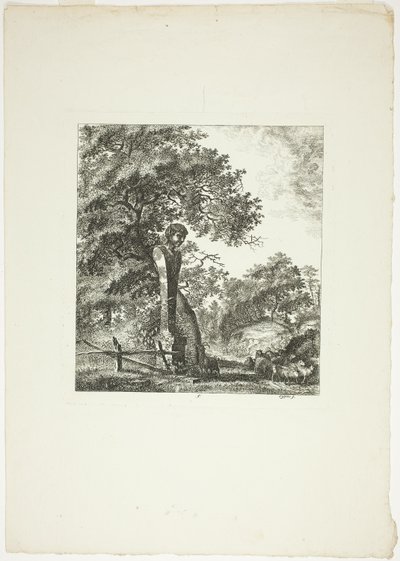 Schapen bij een standbeeld van Pan, plaat vijf uit Paysages Dédiés à M. Warelet door Salomon Gessner