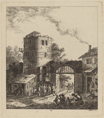 Dorpelingen bij een stadspoort begroeten een hoogwaardigheidsbekleder, 1764 door Salomon Gessner