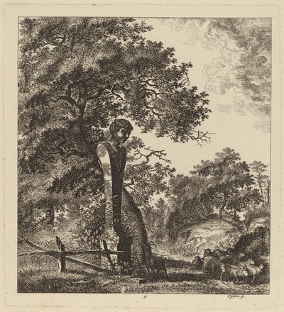 Bosrijk landschap met een kudde geiten en een herm door Salomon Gessner