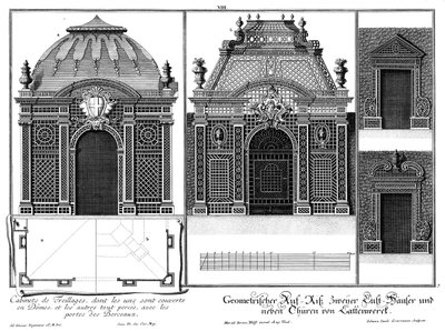 Ontwerp van twee paviljoens van latwerk en twee poorten van de loofgang, plattegrond van twee dakoplossingen door Salomon Kleiner