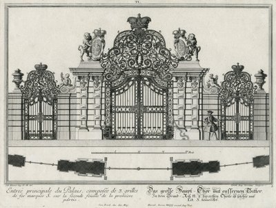 Plattegrond en gevel van de hoofdingangspoort door Salomon Kleiner
