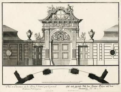 Plattegrond en gevel van de hoofdpoort van het lager gelegen kasteel aan de Rennweg door Salomon Kleiner