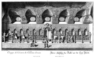 Interieur van de stal voor de lijfpaarden door Salomon Kleiner