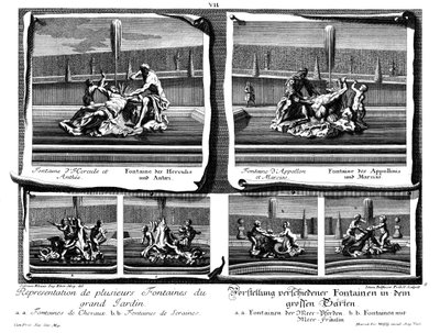 Zes verschillende fonteinen van de grote tuin door Salomon Kleiner