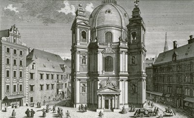 Zicht op de Peterskirche, Wenen gegraveerd door Johann Bernard Hattinger door Salomon Kleiner