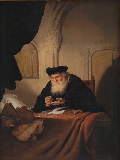 Een oude man die zijn geld telt door Salomon Koninck