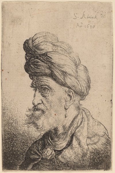 Borstbeeld van een Man met een Tulband naar Links door Salomon Koninck