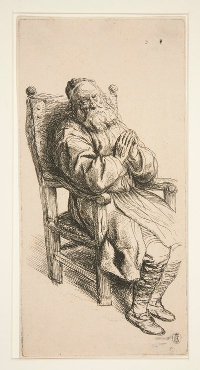 Oude man slapend in een fauteuil door Salomon Koninck