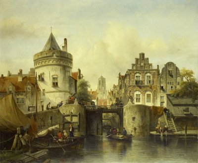 Imaginair uitzicht gebaseerd op de Kolksluis, Amsterdam door Salomon Leonardus Verveer