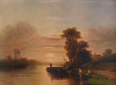 Zonsondergang aan een rivier, met windmolen en huisje door Salomon Leonardus Verveer