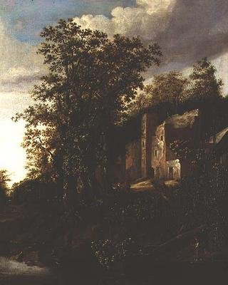 Een bosrijk rivierlandschap met boeren bij een vervallen landhuis door Salomon Rombouts