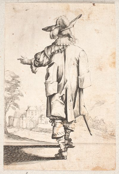 Cavalier gezien van achteren: Gebaren met linkerhand. Draagt cape en gevederde hoed. Ommuurde stad en poort daarachter door Salomon Savery