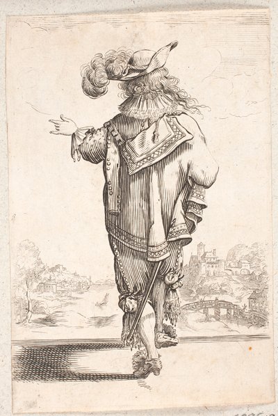 Lopende man met verenhoed, gebarend met zijn linkerhand. Op de achtergrond rechts een stad aan een rivier door Salomon Savery