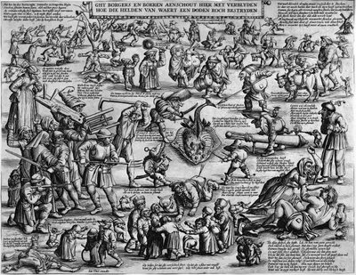 Ghy burgers en boeren aanschouw hier met vreugde hoe de helden van waarde een dode roch bestrijden door Salomon Savery