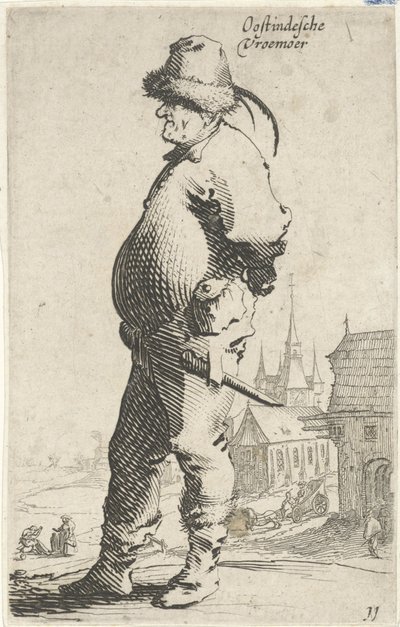 Man en profil, op de achtergrond een kerk en een gebouw met galerij door Salomon Savery