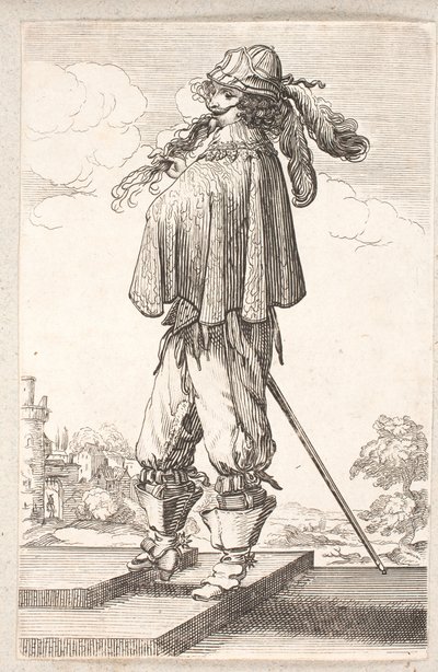 Man, profiel naar links, met degen en hoed met veren, op weg naar boven op twee traptreden door Salomon Savery