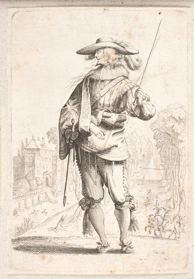 Staande soldaat gezien van voren maar met hoofd in linker profiel. Houdt staf in linkerhand door Salomon Savery