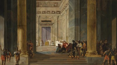 De koningin van Sheba voor de tempel van koning Salomo in Jeruzalem, ca. 1630-1634 door Salomon de Bray