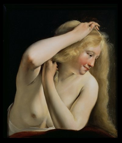 Jonge vrouw die haar haar kamt door Salomon de Bray