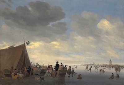Schaatsers op de bevroren rivier Lek, de stad Vianen op de achtergrond, 1653 door Salomon van Ruisdael or Ruysdael