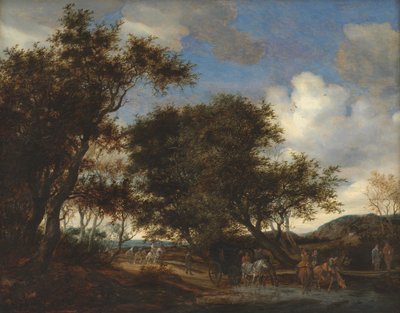 Landschap met reizigers die hun paarden drenken door Salomon van Ruysdael