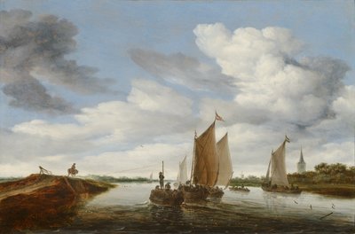 Rivierlandschap met zeilboten en een door paarden getrokken aak door Salomon van Ruysdael