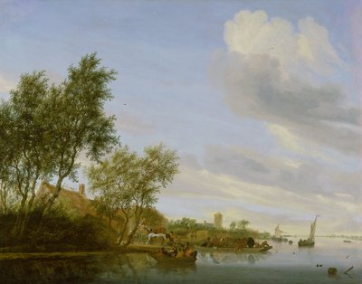 Rivierlandschap met een veerboot door Salomon van Ruysdael