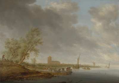 Rivierlandschap met uitzicht op Naarden door Salomon van Ruysdael