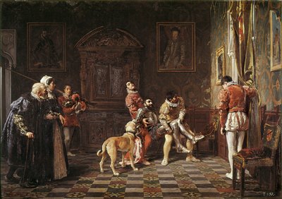 "Terugkeer van het toernooi" Een jonge ridder gewond wordt teruggebracht naar het paleis, ondersteund door twee pages. Schilderij door Salvador Martinez Cubells (1845-1914) 1881 Valencia. Museum van Bellas Artes San Pio door Salvador Martinez Cubells