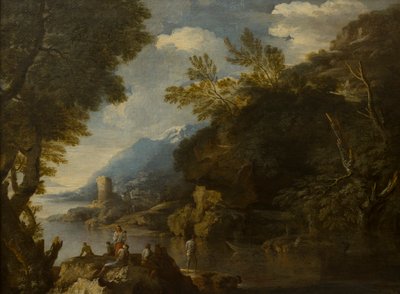 Landschap met figuren en boten door Salvator (follower of) Rosa