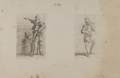(Beeldjesreeks) Twee mannen, één naar links wijzend, de ander knielend door Salvator Rosa