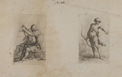 (Beeldjesreeks) Twee zittende mannen, elk met een wapen door Salvator Rosa