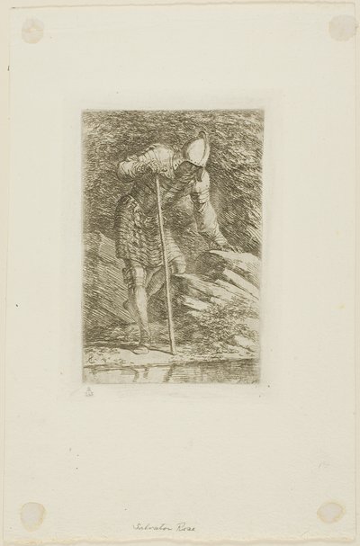 Een Krijger in Volledige Wapenrusting in een Grot door Salvator Rosa
